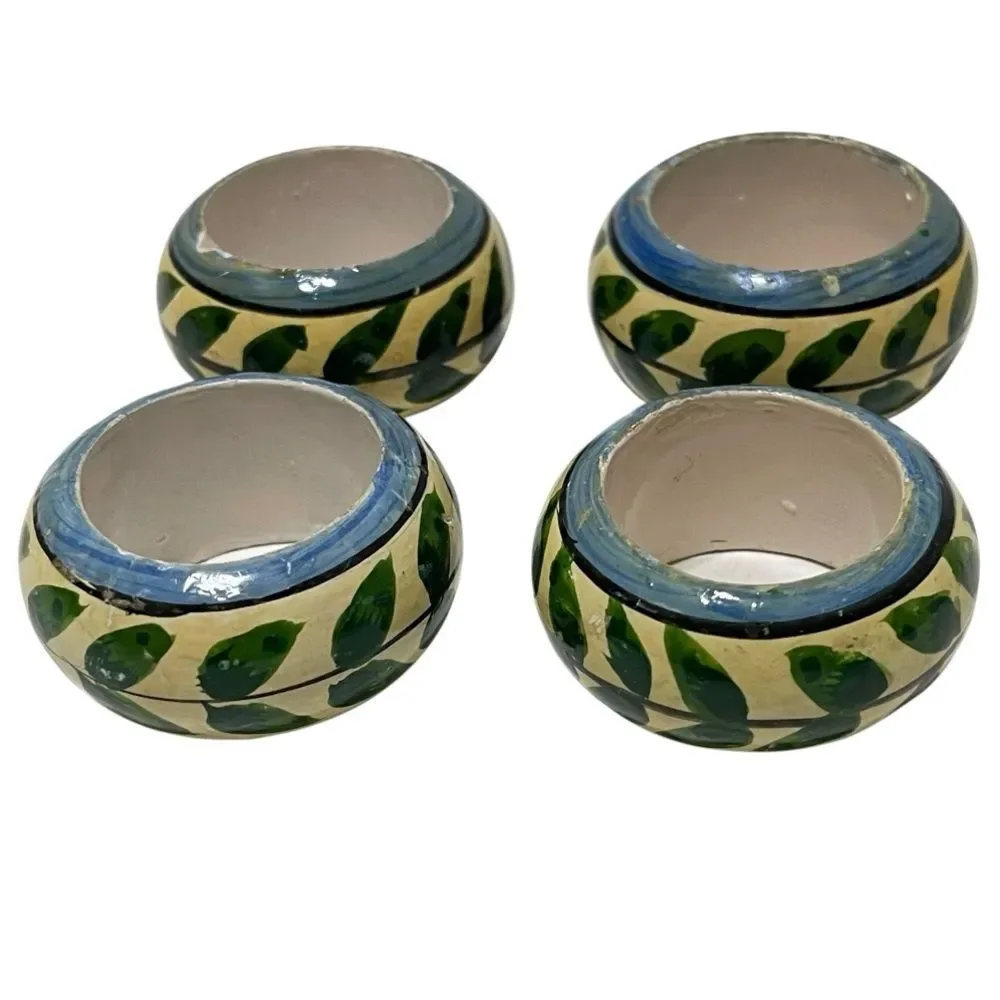 Hand Painted Green Leaf Vine Napkin Rings Multicolor Shabby Chic Cottage 4 Set